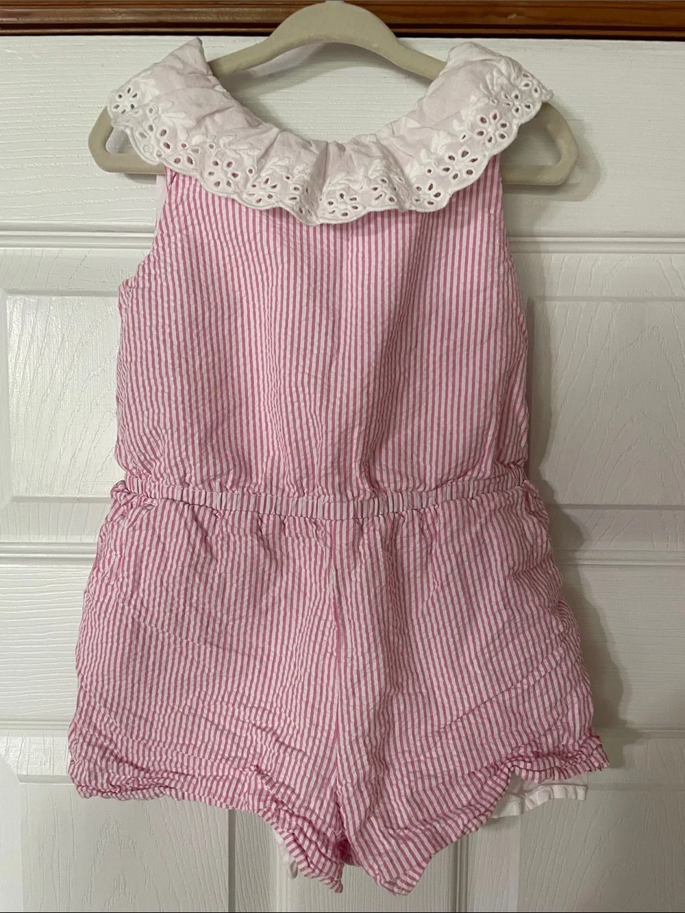 Janie and Jack Pink Seersucker Romper with Eyelet Collar